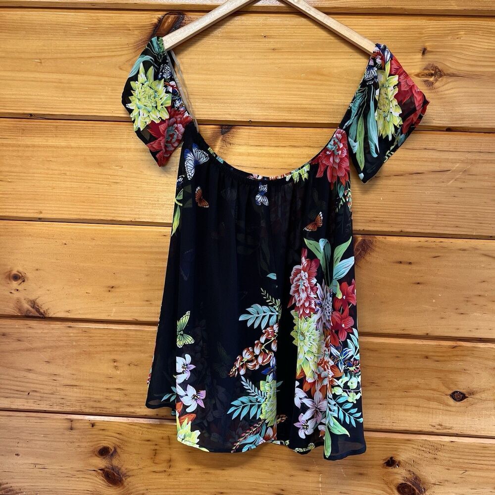 I JEANS BY BUFFALO S Top Blouse Of The Shoulder Black Floral Semi Sheer Chiffon